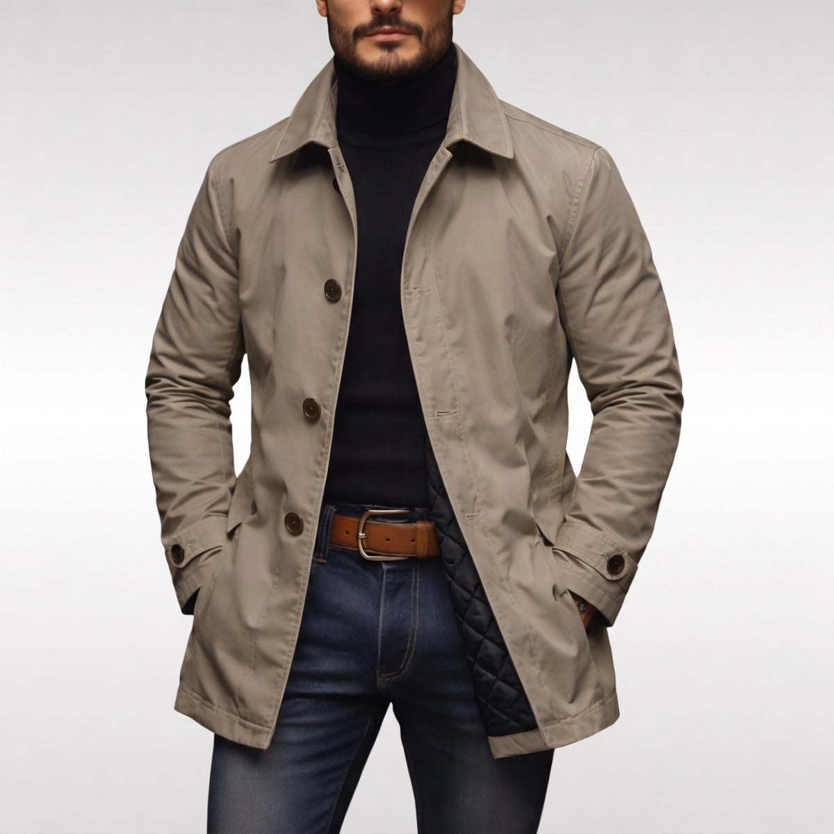 James - Men's Transitional Single-Breasted Mac Jacket - Coats & Jackets - Beige - Parker&Brooks