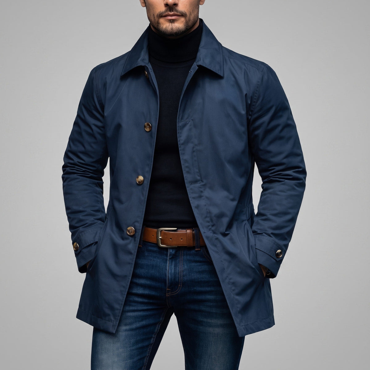 James - Men's Transitional Single-Breasted Mac Jacket - Coats & Jackets - Navy Blue - Parker&Brooks