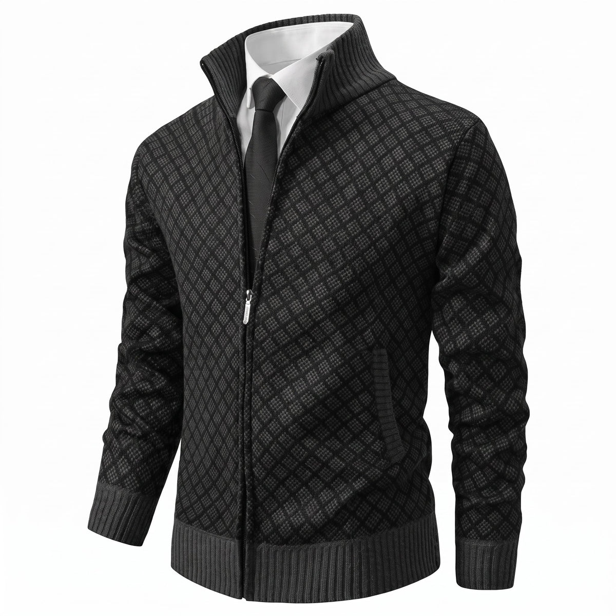 James - Men's Zip-Up Diamond Knit Sweater Jacket with Stand Collar - Sweaters - Black - Parker&Brooks