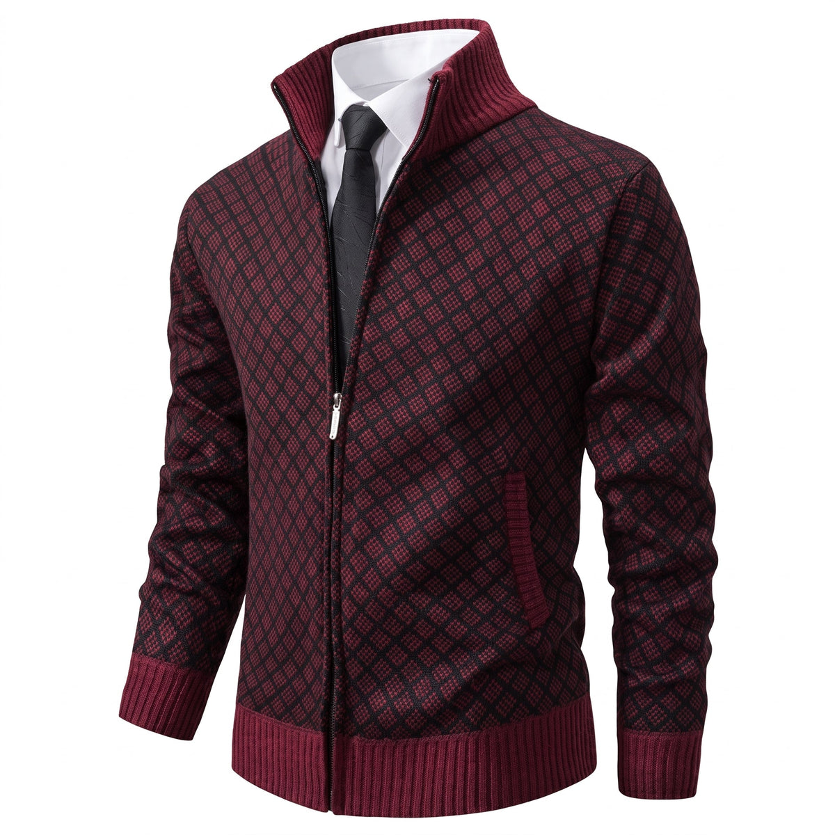 James - Men's Zip-Up Diamond Knit Sweater Jacket with Stand Collar - Sweaters - Burgundy - Parker&Brooks