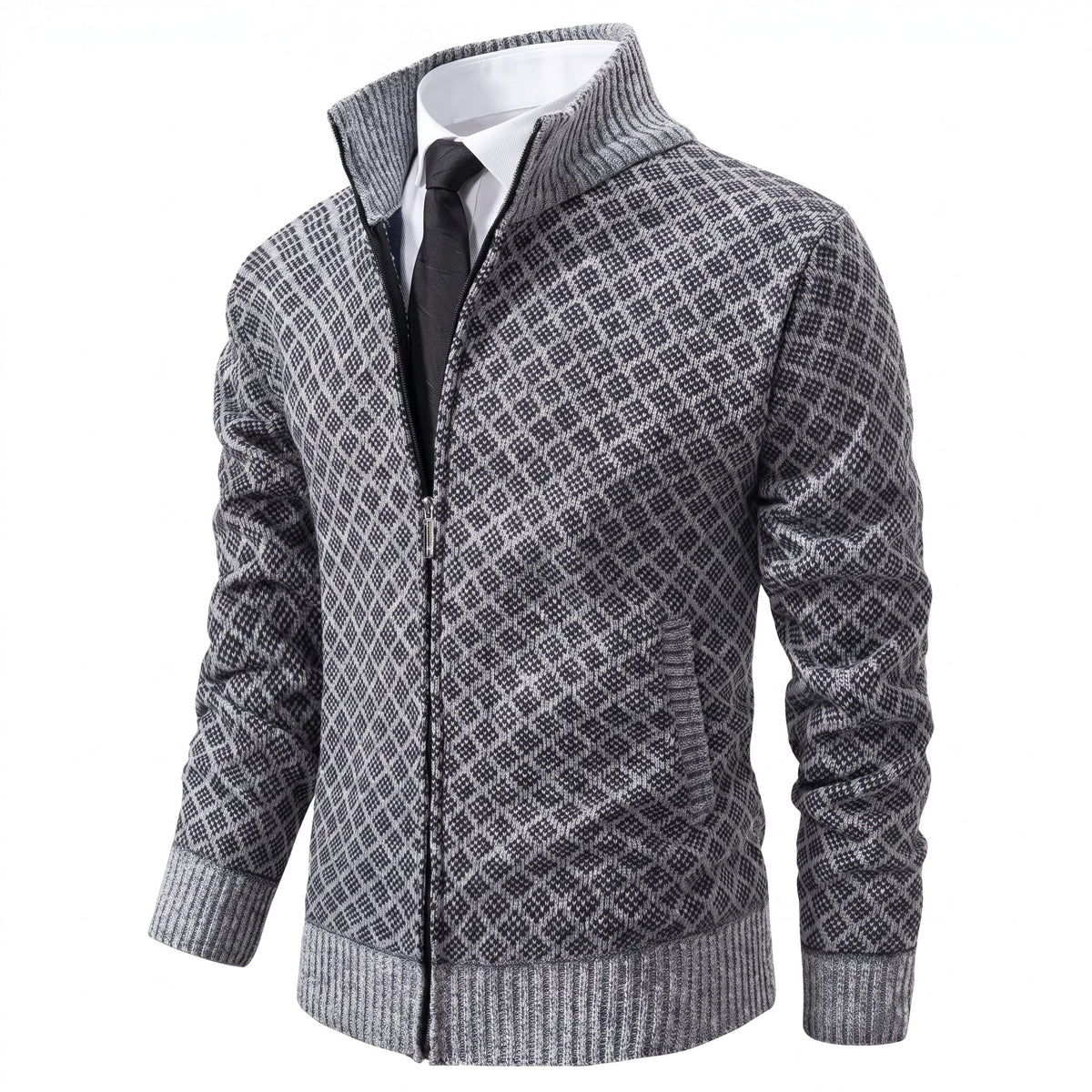 James - Men's Zip-Up Diamond Knit Sweater Jacket with Stand Collar - Sweaters - Gray - Parker&Brooks