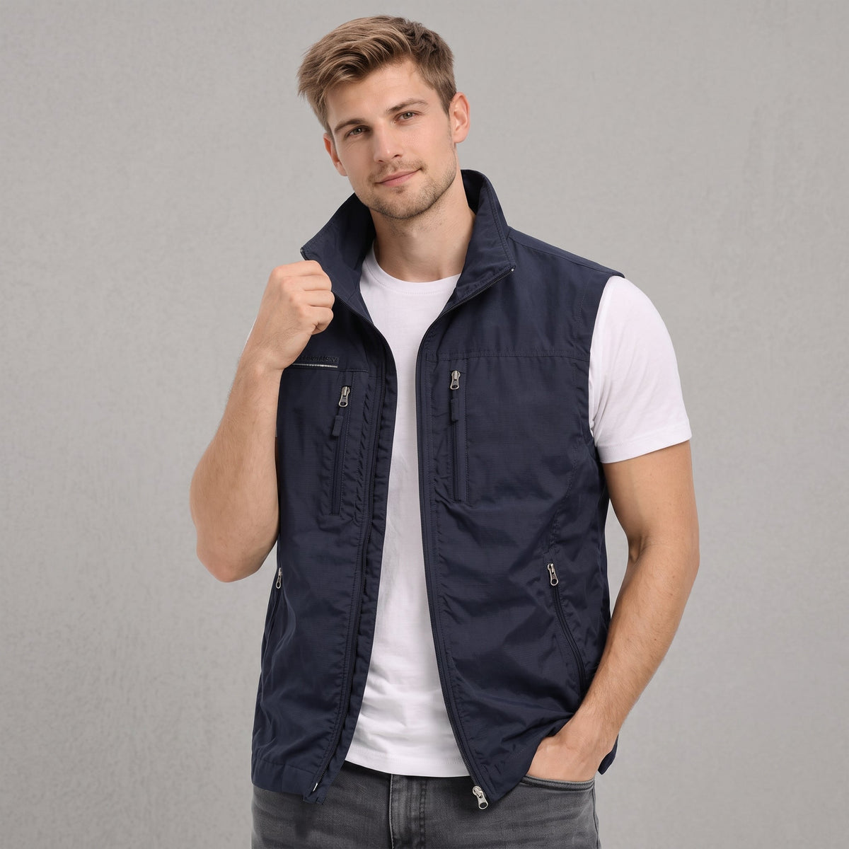 James - Men's Zip-Up Vest with Stand Collar and Multiple Pockets - Vests - Navy Blue - Parker&Brooks