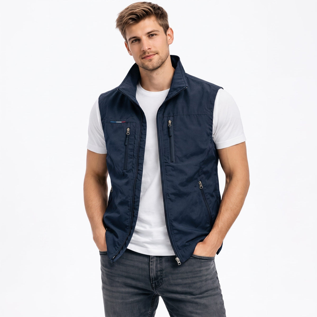 James - Men's Zip-Up Vest with Stand Collar and Multiple Pockets - Vests - Navy Blue - Parker&Brooks