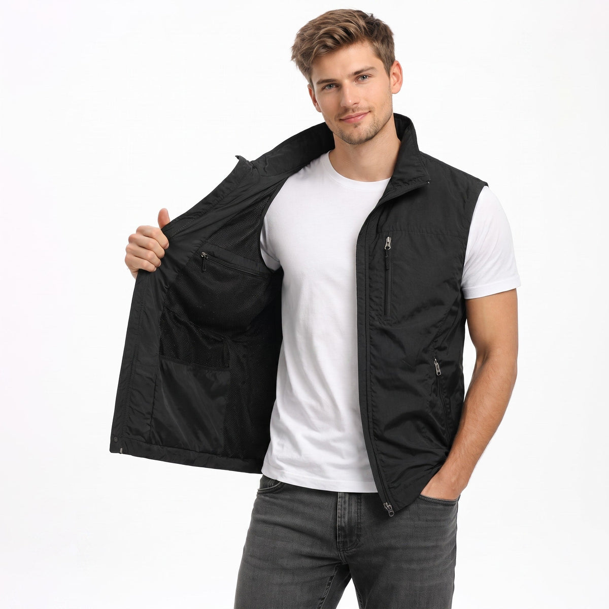James - Men's Zip-Up Vest with Stand Collar and Multiple Pockets - Vests - Black - Parker&Brooks