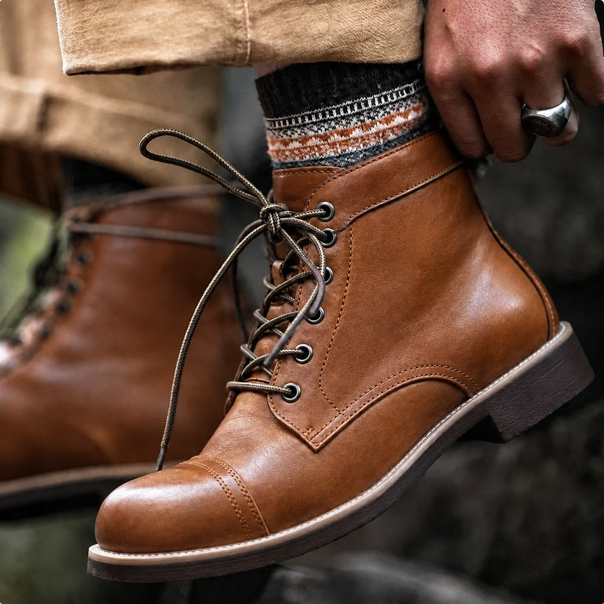 Jasper - Men's Cap Toe Lace-Up Ankle Boots with Leather Look - Boots - Brown - Parker&Brooks