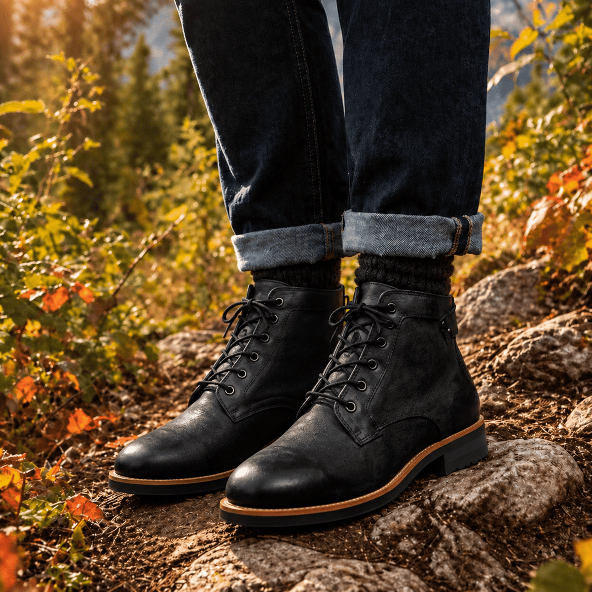 Jasper - Men's Cap Toe Lace-Up Ankle Boots with Leather Look - Boots - Black - Parker&Brooks