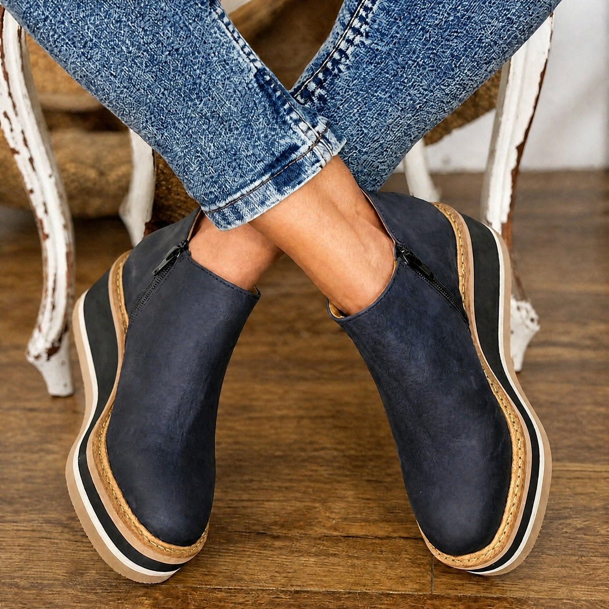 Jeanne - Women's Wedge Platform Ankle Boots with Side Zipper - Boots - Blue - Parker&Brooks