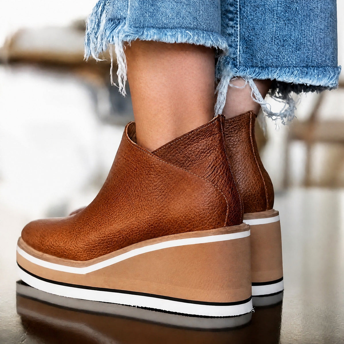 Jeanne - Women's Wedge Platform Ankle Boots with Side Zipper - Boots - Brown - Parker&Brooks