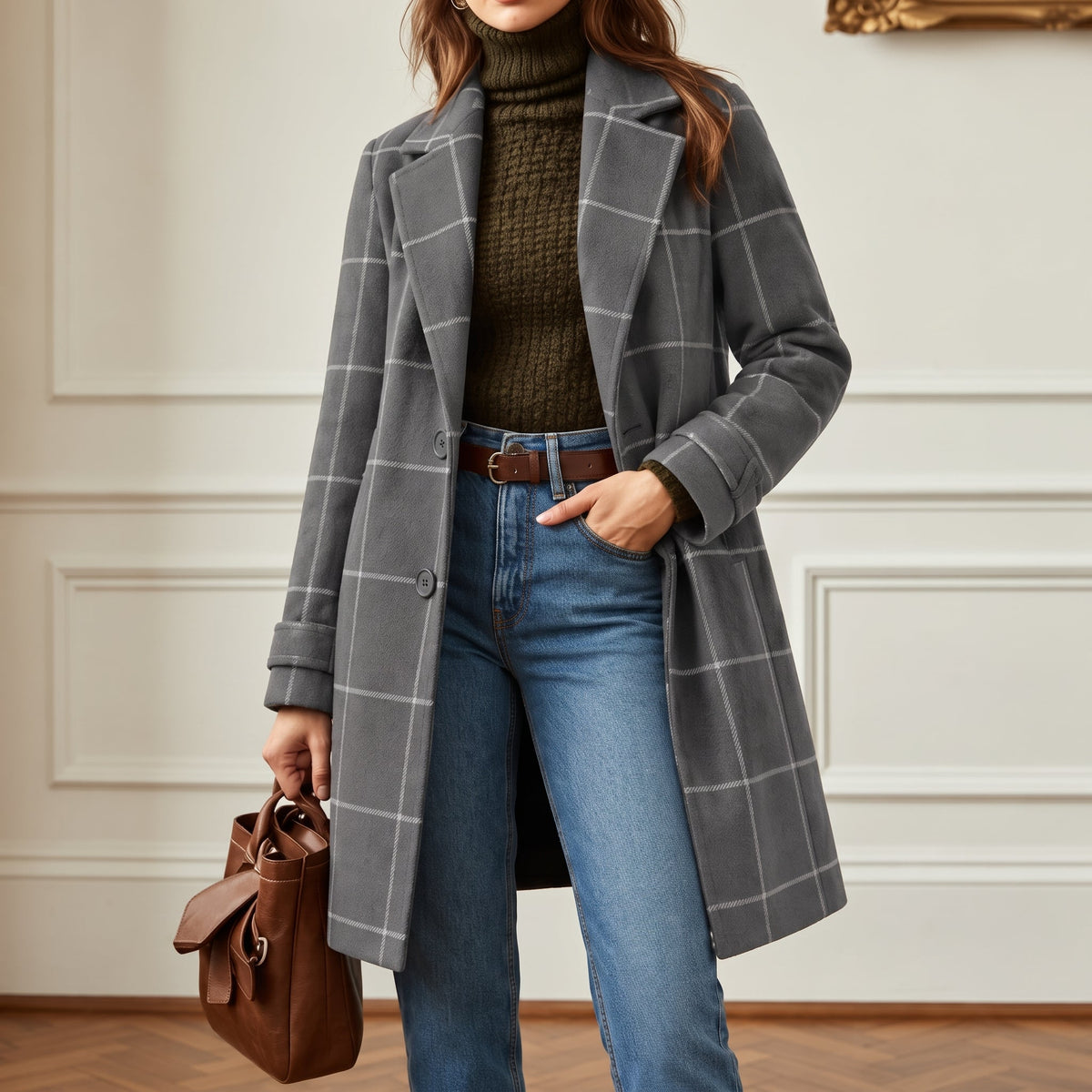 Jennifer - Women's Checkered Wool-Look Overcoat with Notched Lapel Collar - Overcoats - Gray - Parker&Brooks