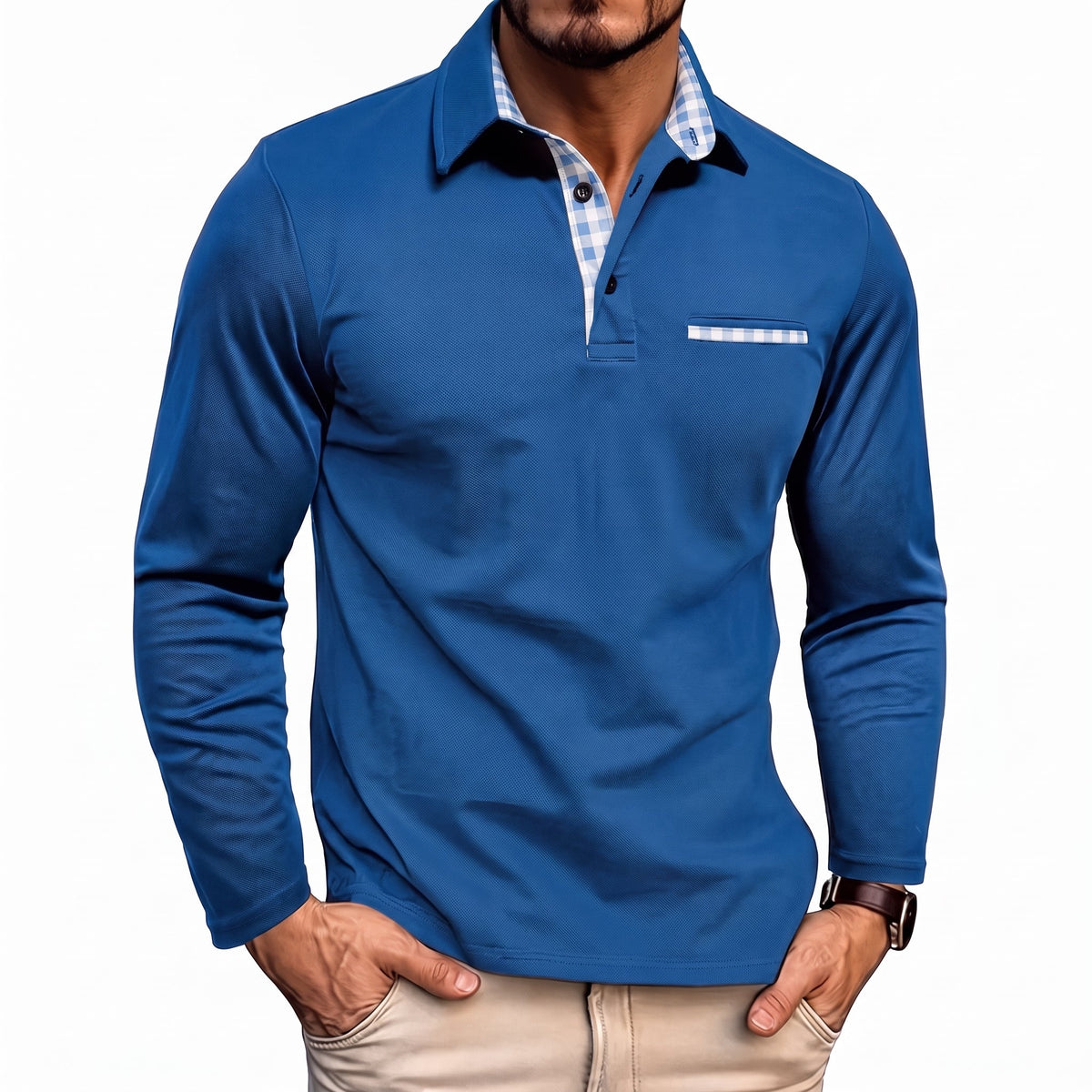 Johann - Men's Long Sleeve Polo Shirt with Contrast Check Collar - Polos - Dark Blue - Parker&Brooks