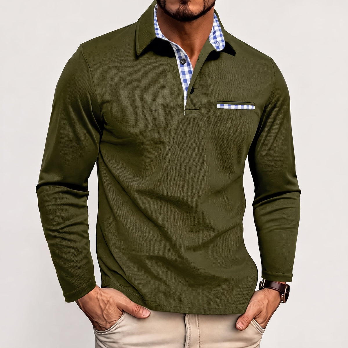 Johann - Men's Long Sleeve Polo Shirt with Contrast Check Collar - Polos - Green - Parker&Brooks