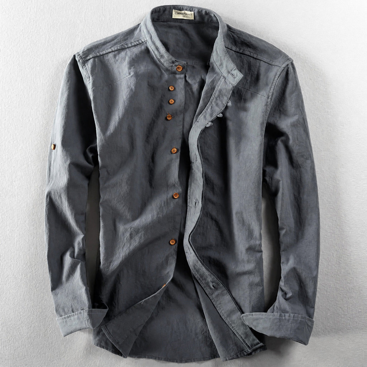 Julian - Men's Stand Collar Button-Down Shirt with Roll-Up Sleeves - Shirts - Dark Gray - Parker&Brooks