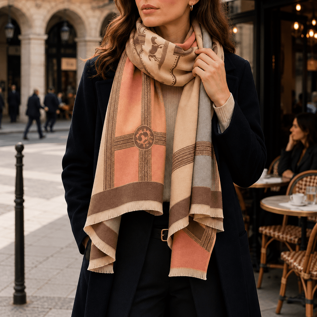 Juliette – Women’s Color Block Winter Scarf with Printed Border and Fringe Trim - Scarves & Shawls - Pink - Sarvento