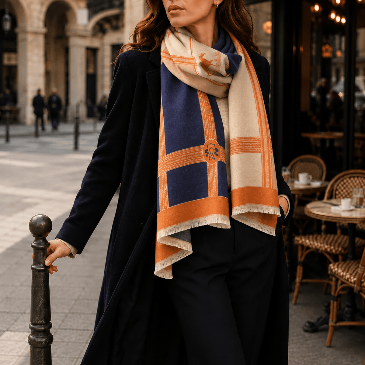 Juliette – Women’s Color Block Winter Scarf with Printed Border and Fringe Trim - Scarves & Shawls - Navy Blue - Sarvento