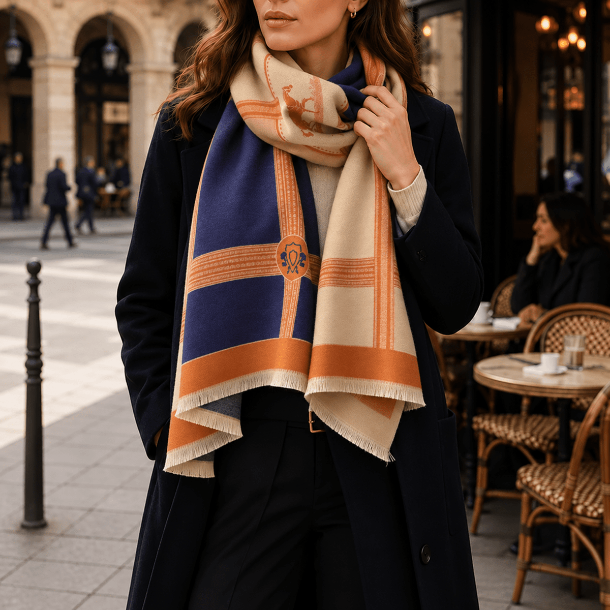 Juliette – Women’s Color Block Winter Scarf with Printed Border and Fringe Trim - Scarves & Shawls - Navy Blue - Sarvento