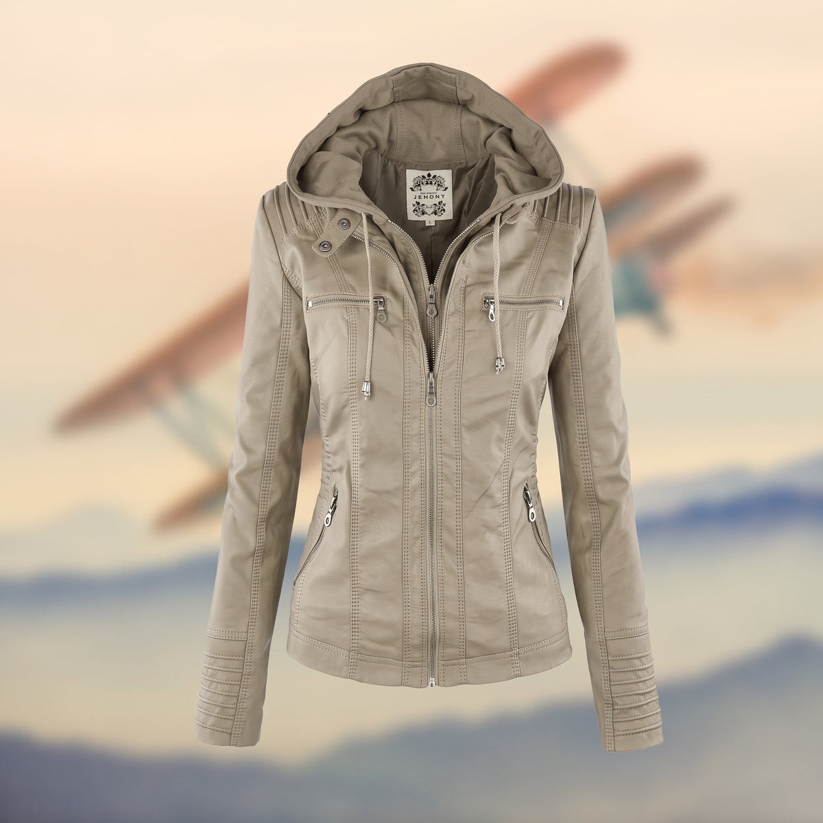 Karolina - Women's Hooded Fitted Jacket with Zip Pockets - Motorcycle Outerwear - Beige - Parker&Brooks