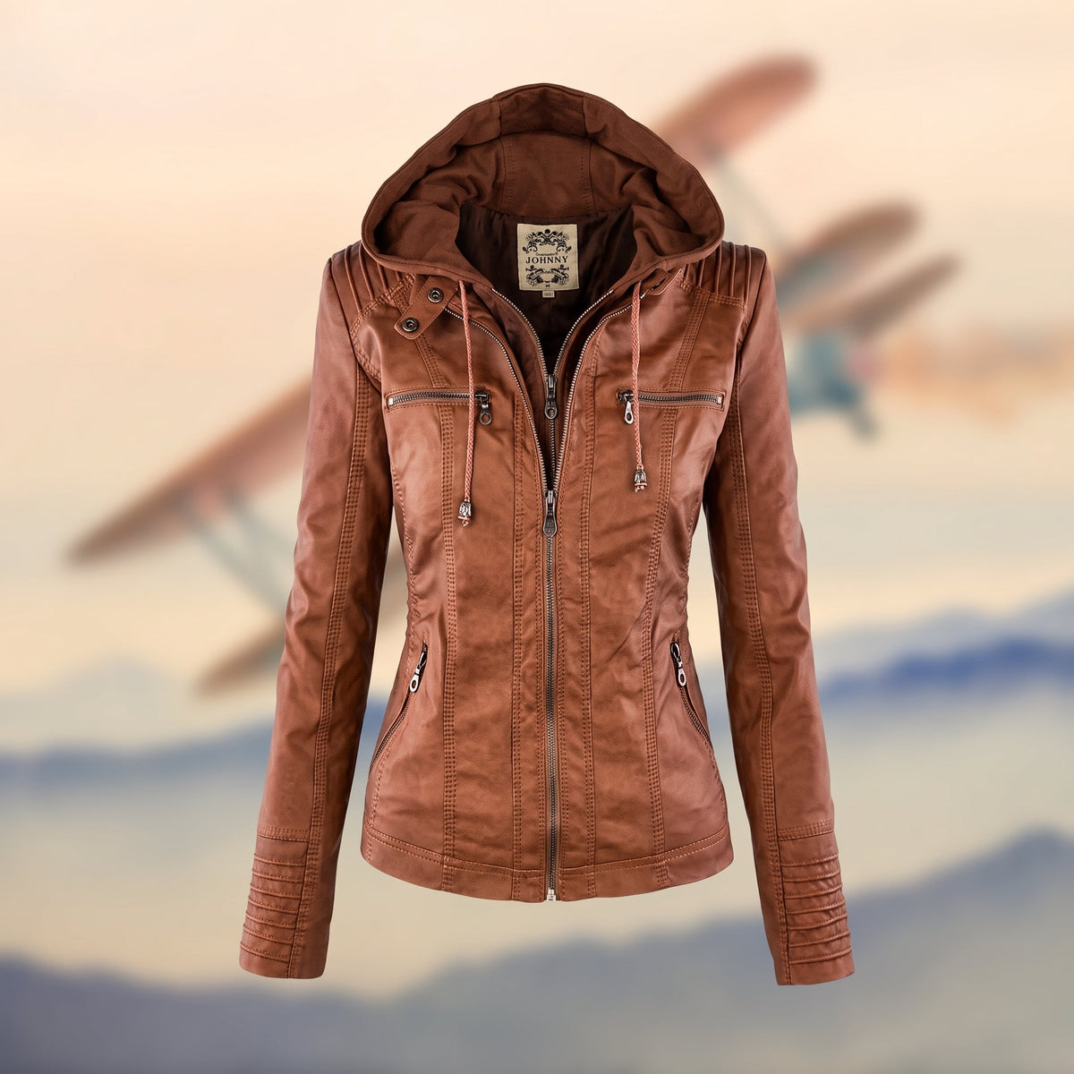Karolina - Women's Hooded Fitted Jacket with Zip Pockets - Motorcycle Outerwear - Brown - Parker&Brooks