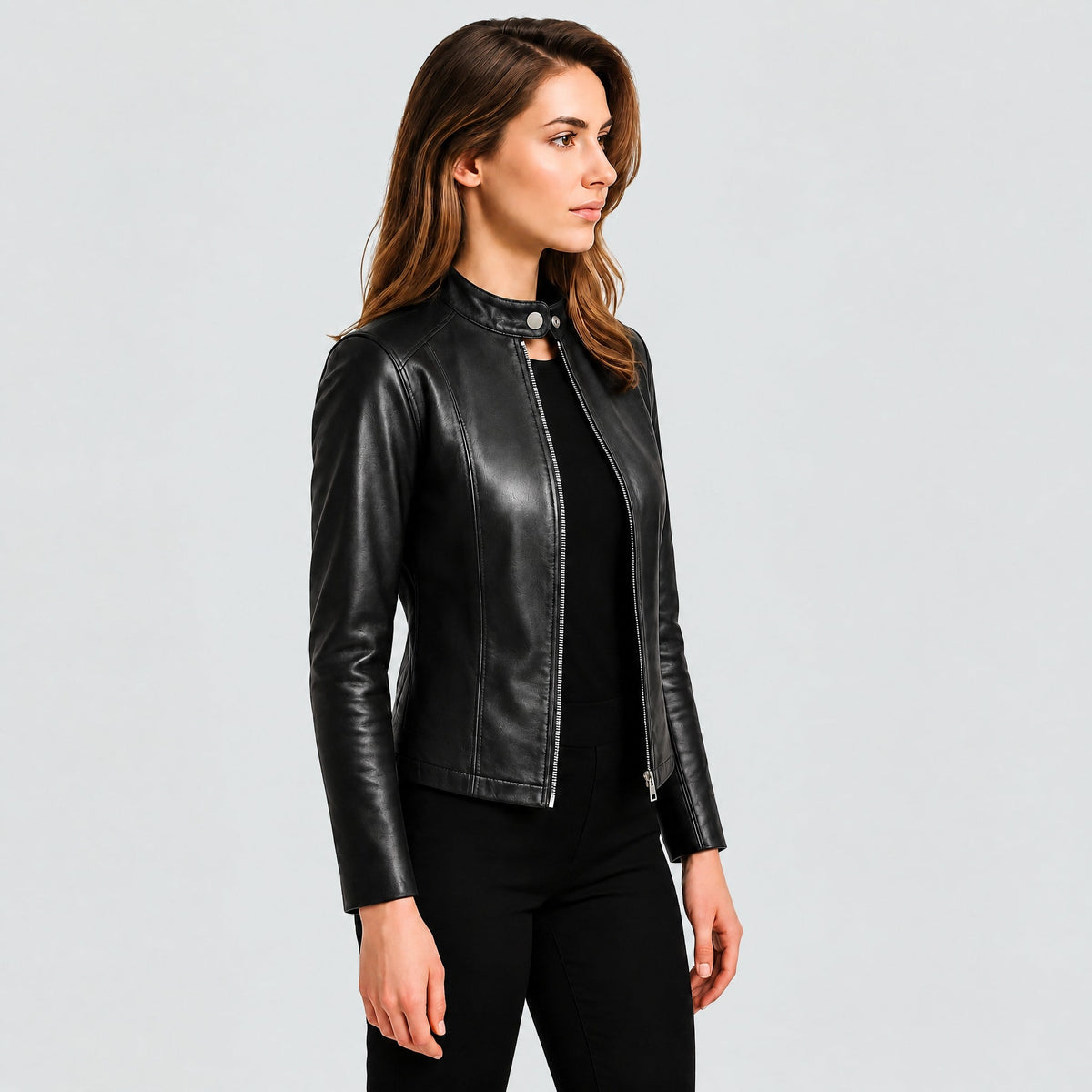 Klara - Women's Cropped Fitted Moto Jacket with Zip Closure and Snap Collar - Motorcycle Outerwear - Black - Parker&Brooks