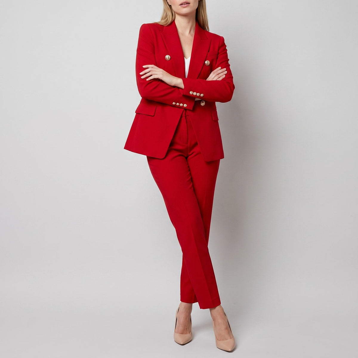 Klara - Women's Double-Breasted Blazer Trouser Set - Outfit Sets - Red - Parker&Brooks