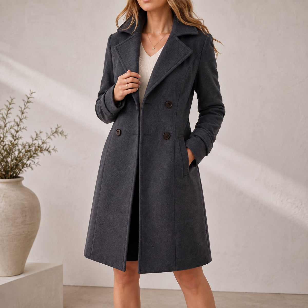 Klara - Women's Double-Breasted Tailored Midi Coat - Overcoats - Dark Gray - Parker&Brooks