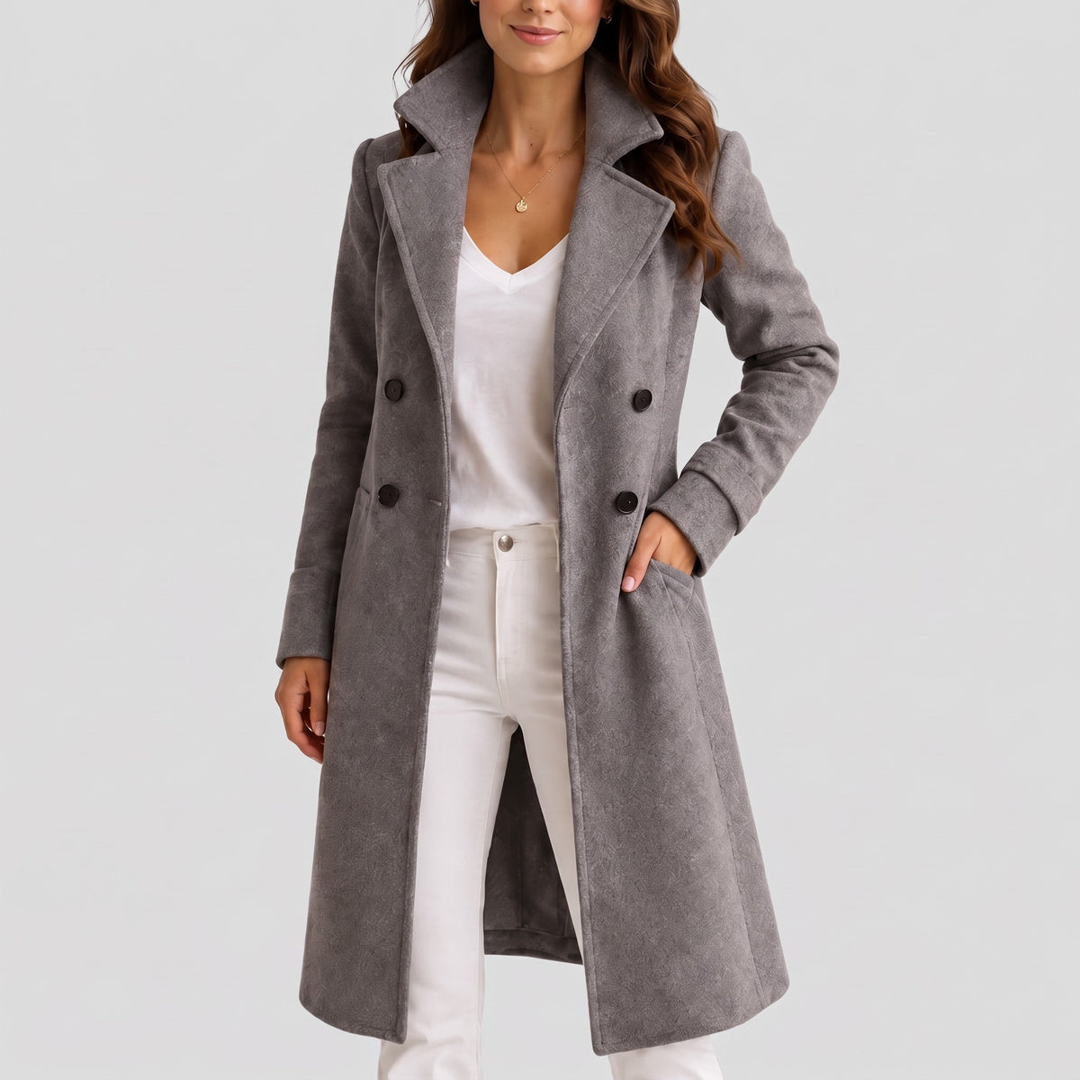 Klara - Women's Double-Breasted Tailored Midi Overcoat with Notch Lapel - Overcoats - Gray - Parker&Brooks