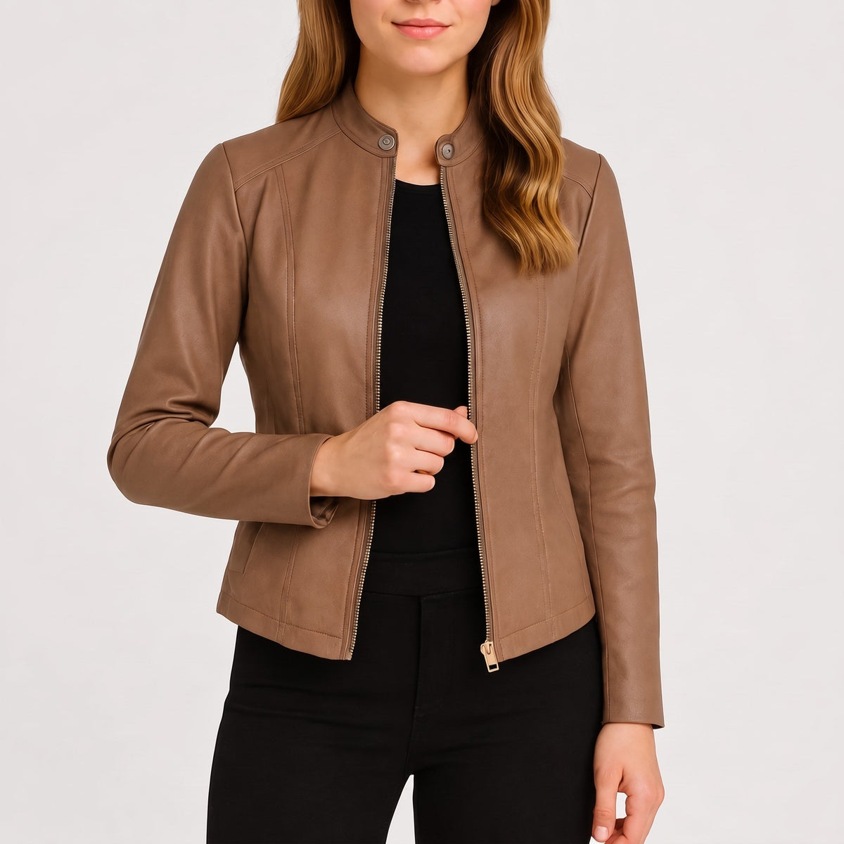 Klara - Women's Fitted Zip-Up Moto Jacket with Snap Collar - Motorcycle Outerwear - Khaki - Parker&Brooks
