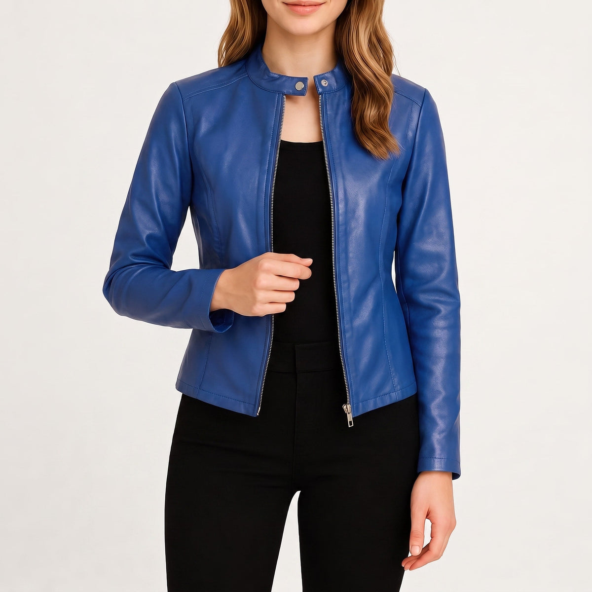 Klara - Women's Fitted Zip-Up Moto Jacket with Snap Collar - Motorcycle Outerwear - Blue - Parker&Brooks