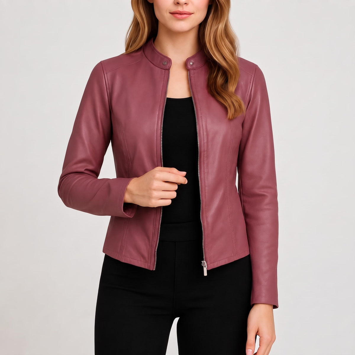 Klara - Women's Fitted Zip-Up Moto Jacket with Snap Collar - Motorcycle Outerwear - Rose gold - Parker&Brooks