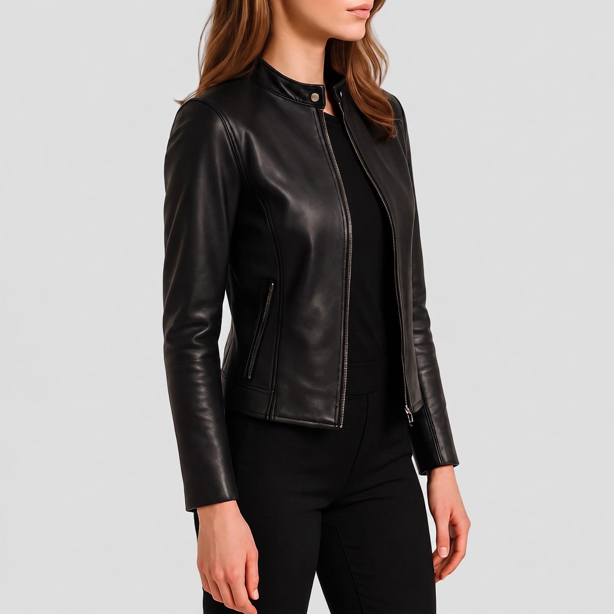 Klara - Women's Fitted Zip-Up Moto Jacket with Snap Collar - Motorcycle Outerwear - Black - Parker&Brooks