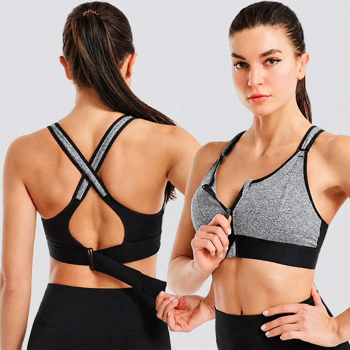 Klara - Women's Front Zip Sports Bra with Adjustable Back Straps - Sports Bras - Gray - Parker&Brooks