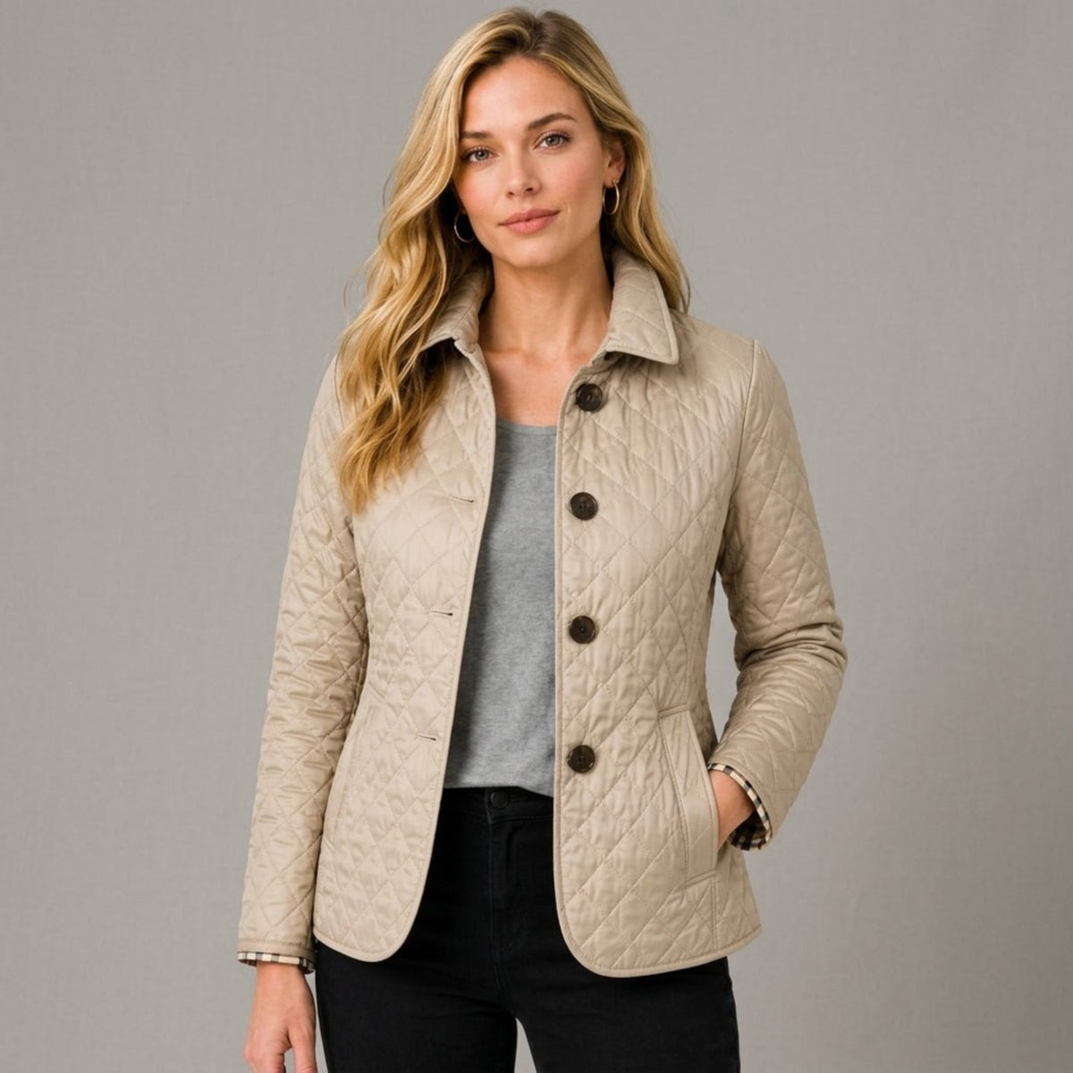Klara - Women's Quilted Collared Transitional Jacket - Coats & Jackets - Beige - Parker&Brooks