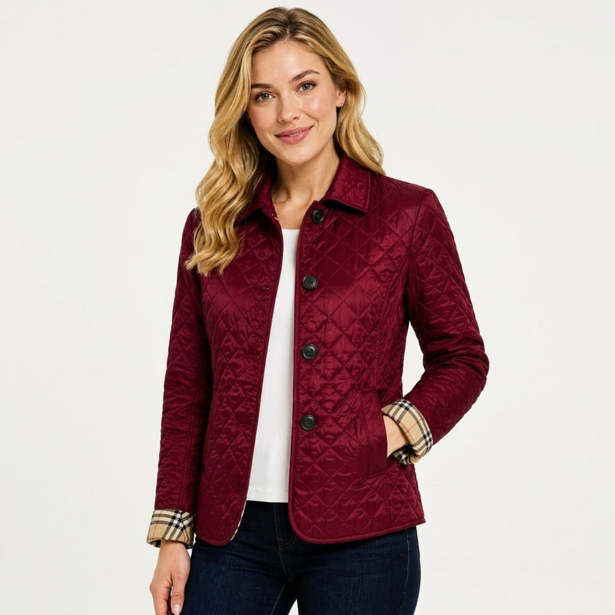 Klara - Women's Quilted Collared Transitional Jacket - Coats & Jackets - Burgundy - Parker&Brooks