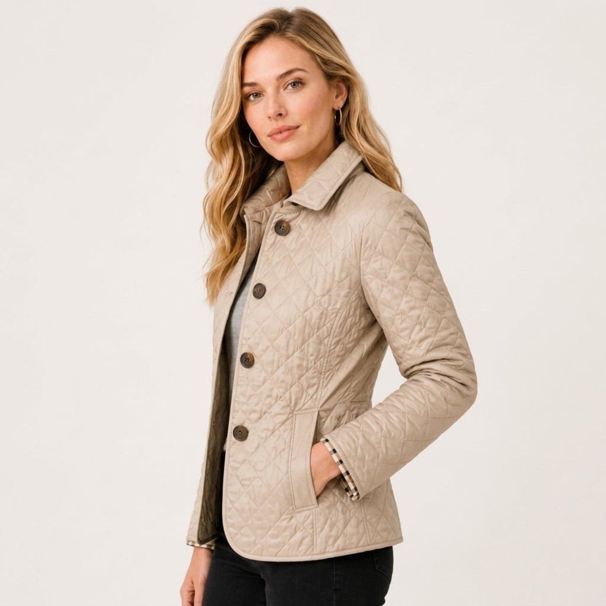 Klara - Women's Quilted Collared Transitional Jacket - Coats & Jackets - Beige - Parker&Brooks