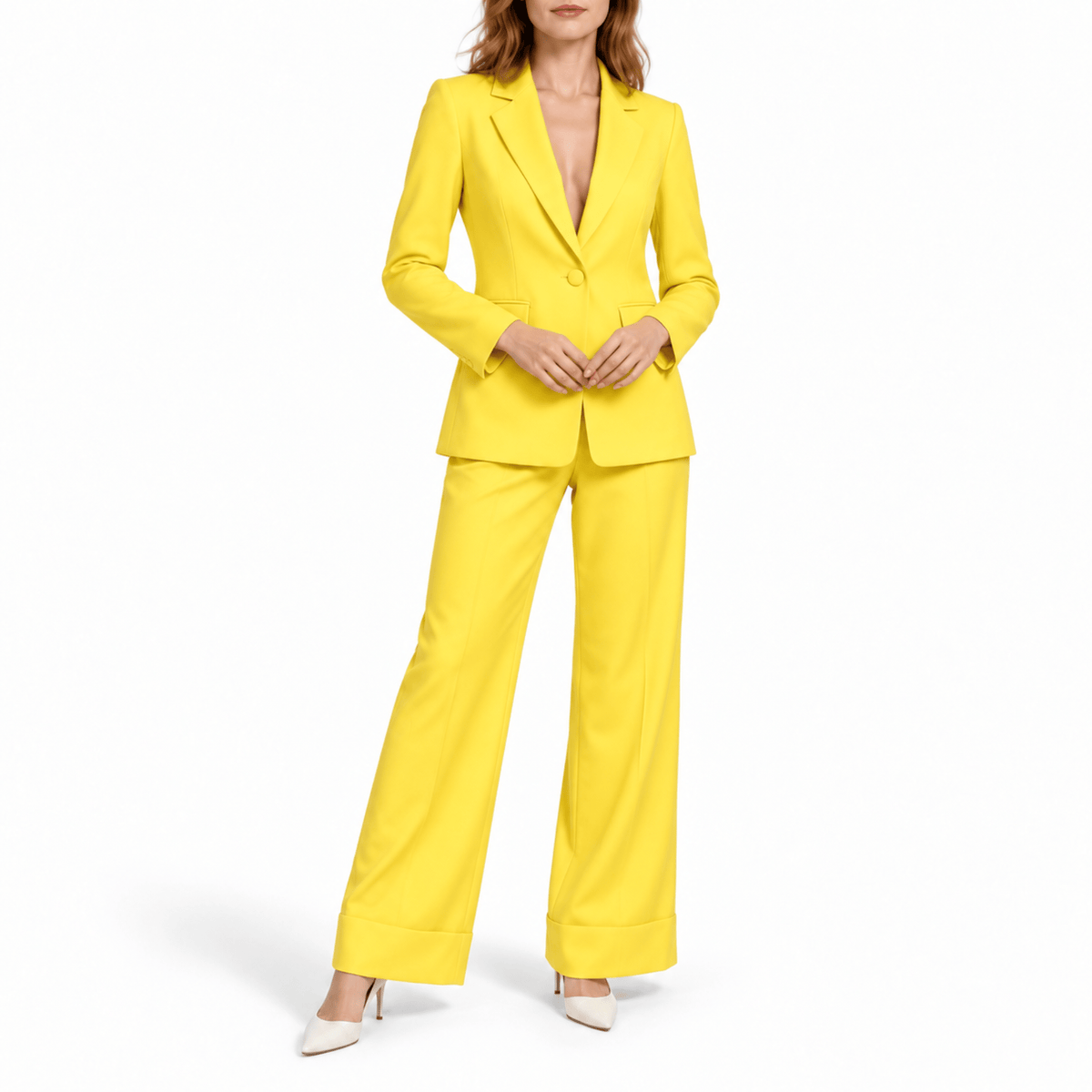 Klara - Women's Tailored Blazer Trouser Set with Peak Lapel - Outfit Sets - Yellow - Parker&Brooks