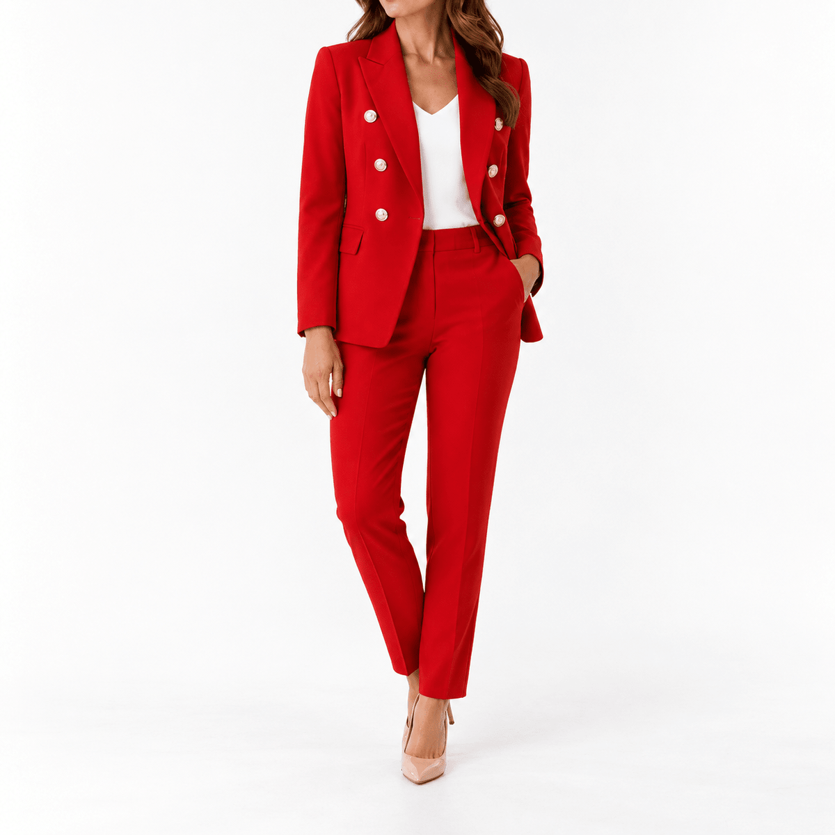 Klara - Women's Tailored Double-Breasted Blazer Trouser Co-ord Set - Outfit Sets - Red - Sarvento