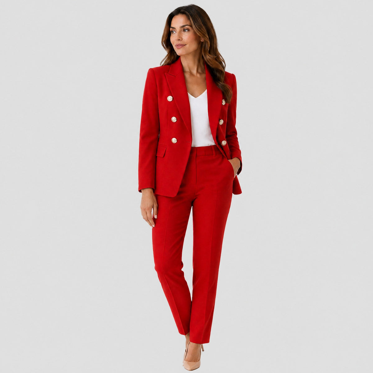 Klara - Women's Tailored Double-Breasted Blazer Trouser Set - Outfit Sets - Red - Parker&Brooks