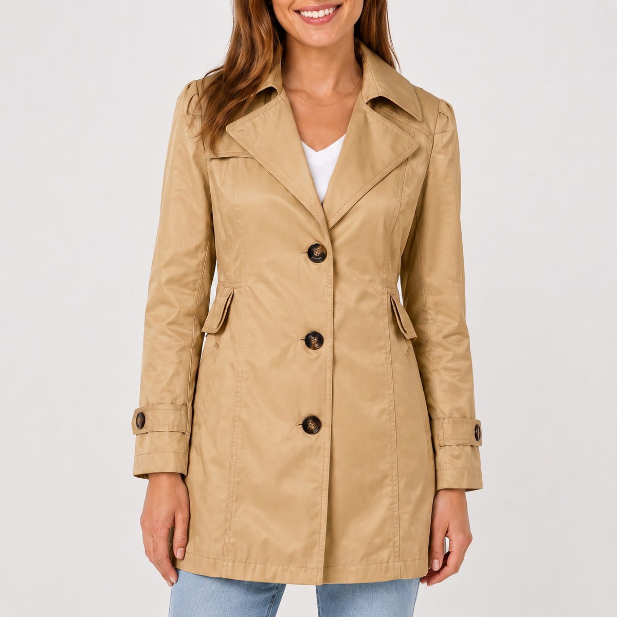 Klara - Women's Tailored Short Trench Coat with Button Cuffs - Trench Coats - Khaki - Parker&Brooks