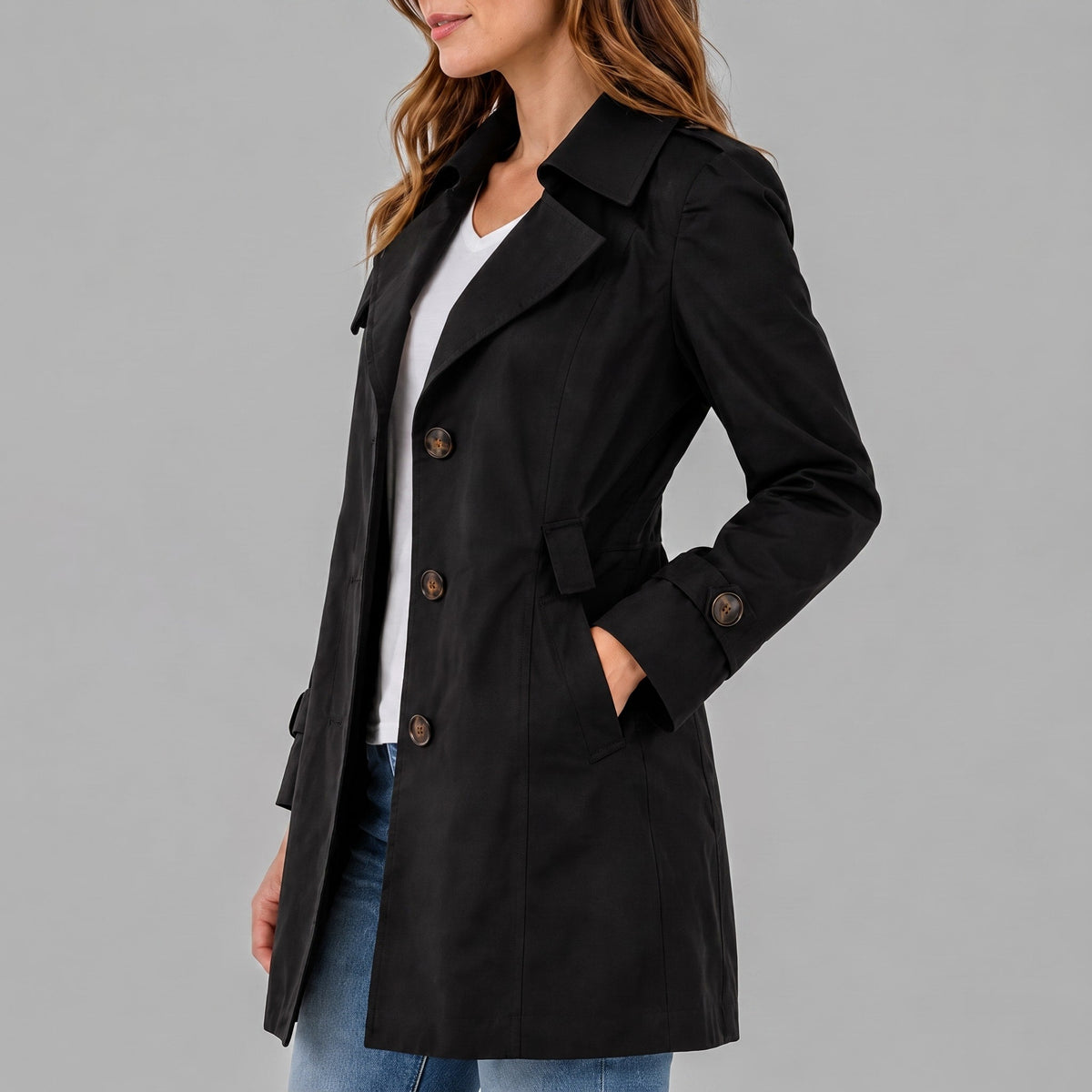 Klara - Women's Tailored Short Trench Coat with Button Cuffs - Trench Coats - Black - Parker&Brooks