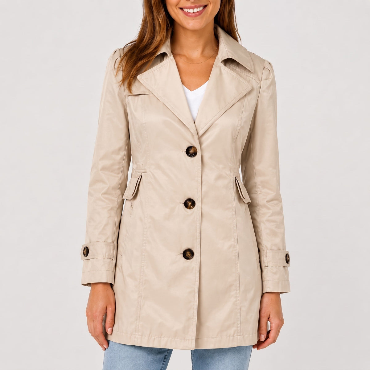 Klara - Women's Tailored Short Trench Coat with Button Cuffs - Trench Coats - Beige - Parker&Brooks