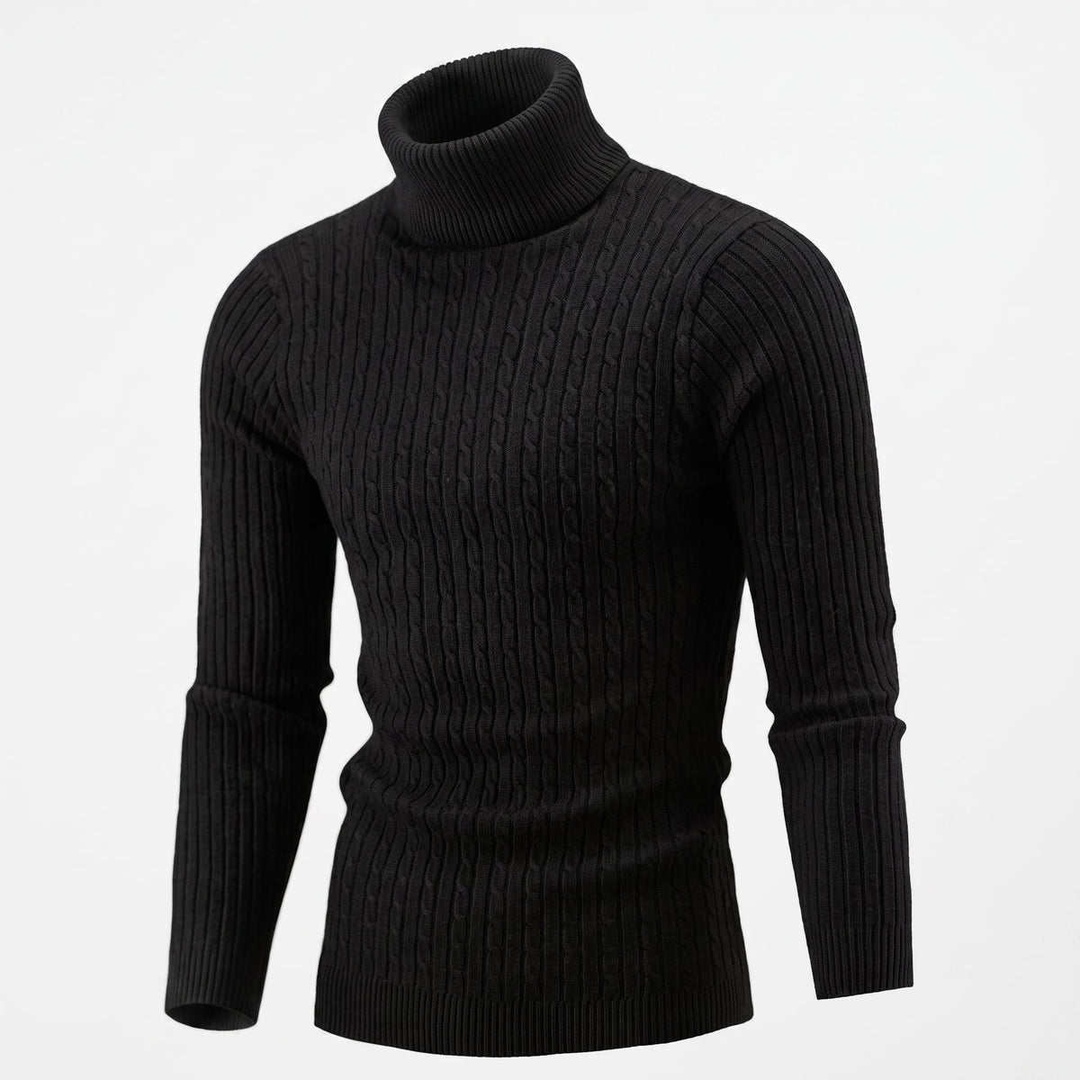 Klaus - Men's Cable Turtleneck Sweater with Ribbed Cuffs - Sweaters - Black - Parker&Brooks