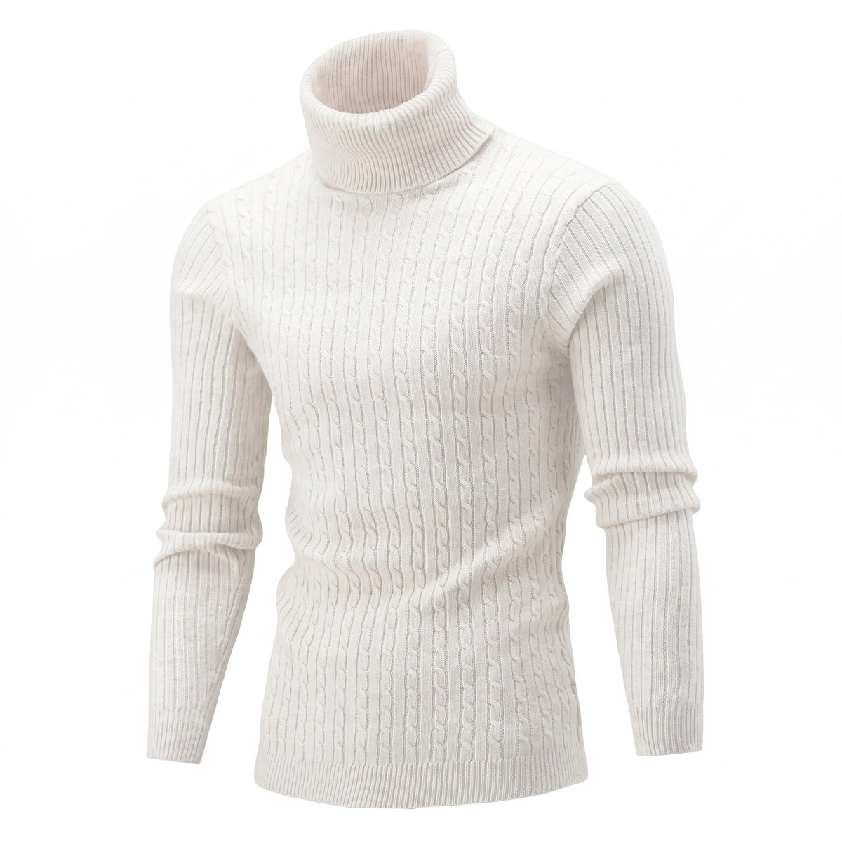 Klaus - Men's Cable Turtleneck Sweater with Ribbed Cuffs - Sweaters - White - Parker&Brooks