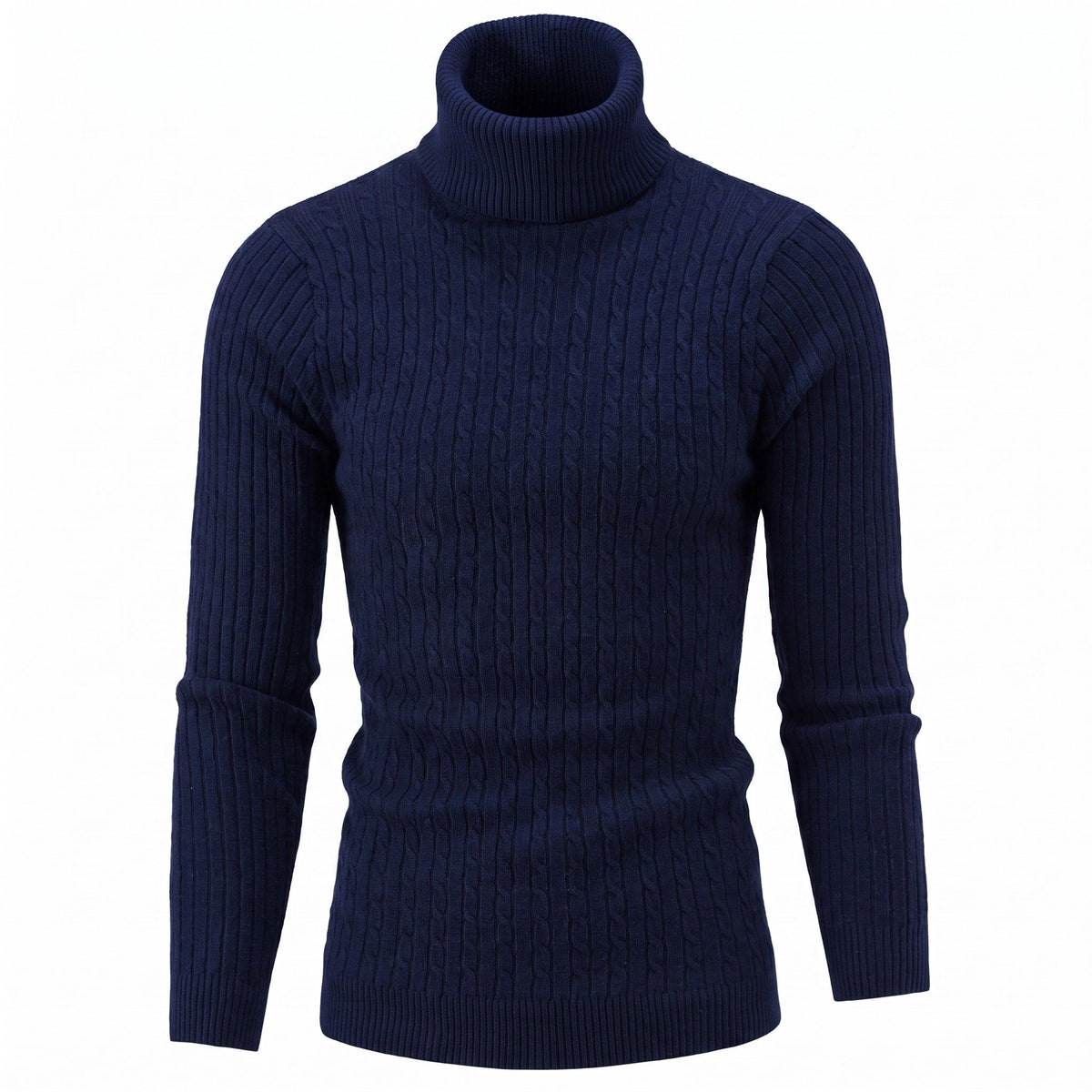 Klaus - Men's Cable Turtleneck Sweater with Ribbed Cuffs - Sweaters - Navy - Parker&Brooks