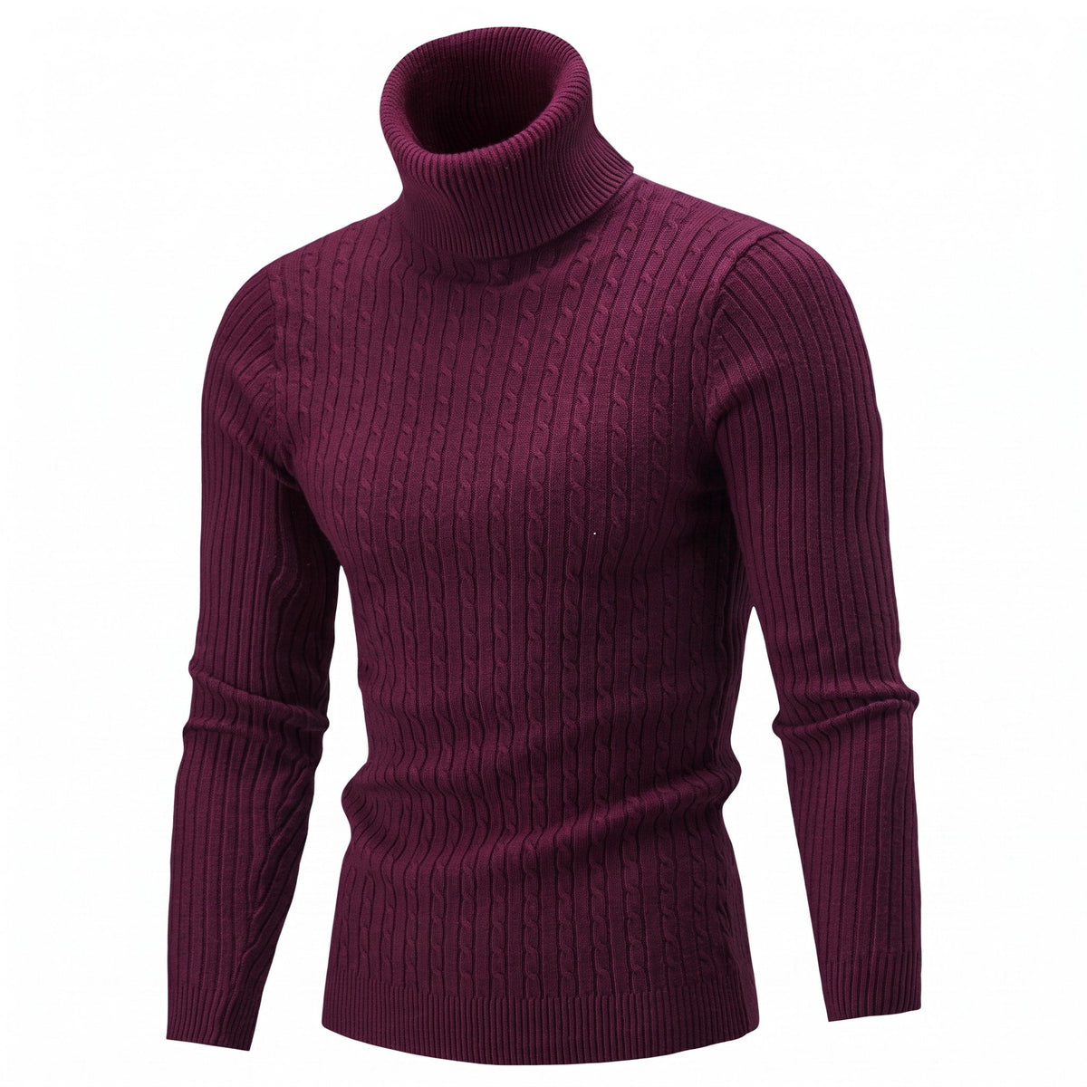 Klaus - Men's Cable Turtleneck Sweater with Ribbed Cuffs - Sweaters - Burgundy - Parker&Brooks