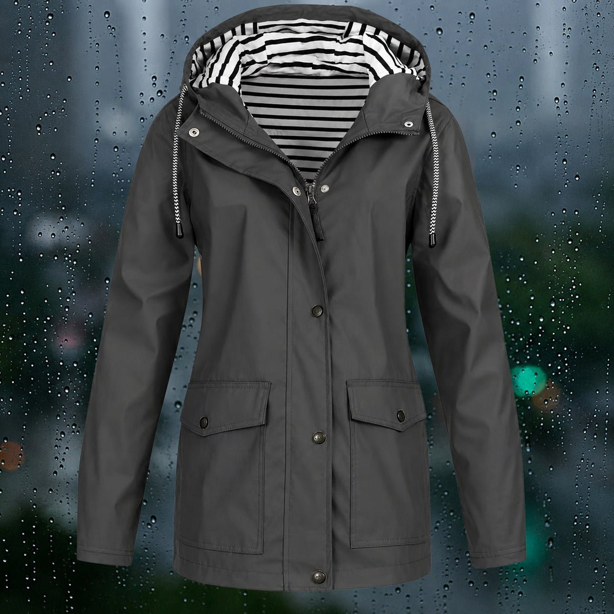 Lea - Women's Hooded Zip-Front Jacket with Drawstring Hood and Flap Pockets - Rain Coat - Gray - Parker&Brooks