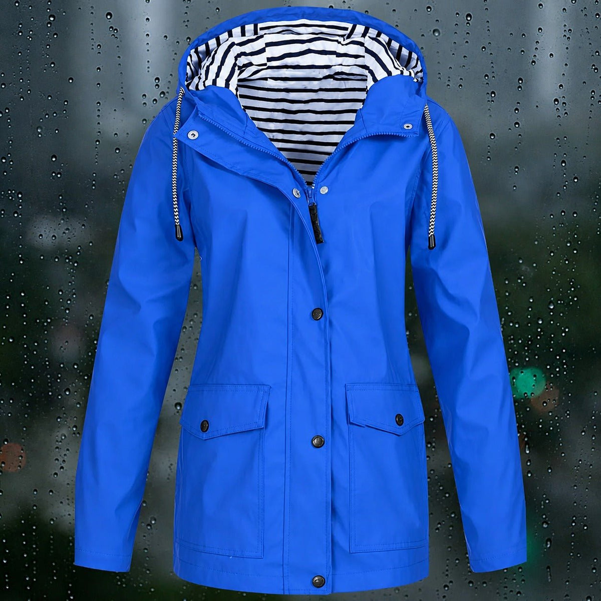 Lea - Women's Hooded Zip-Front Jacket with Drawstring Hood and Flap Pockets - Rain Coat - Blue - Parker&Brooks