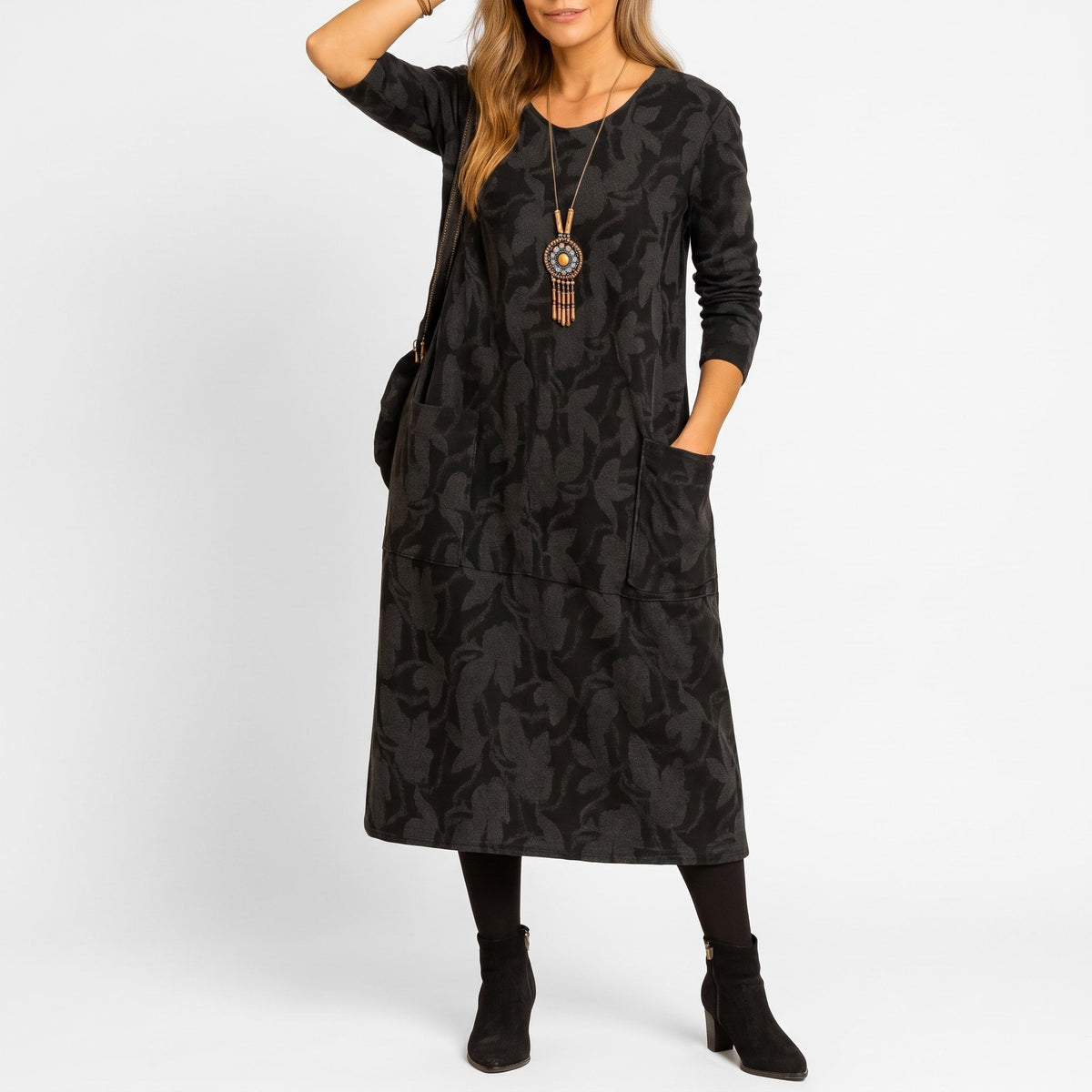 Leah - Women's Long Sleeve Pocket Midi Dress with Leaf Print - Dresses - Black - Sarvento