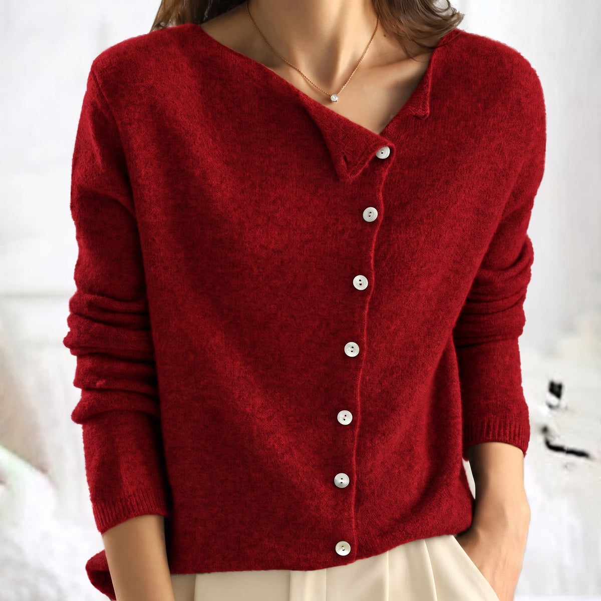 Lia - Women's Relaxed Asymmetric Button-Front Cardigan - Cardigans - Red - Parker&Brooks