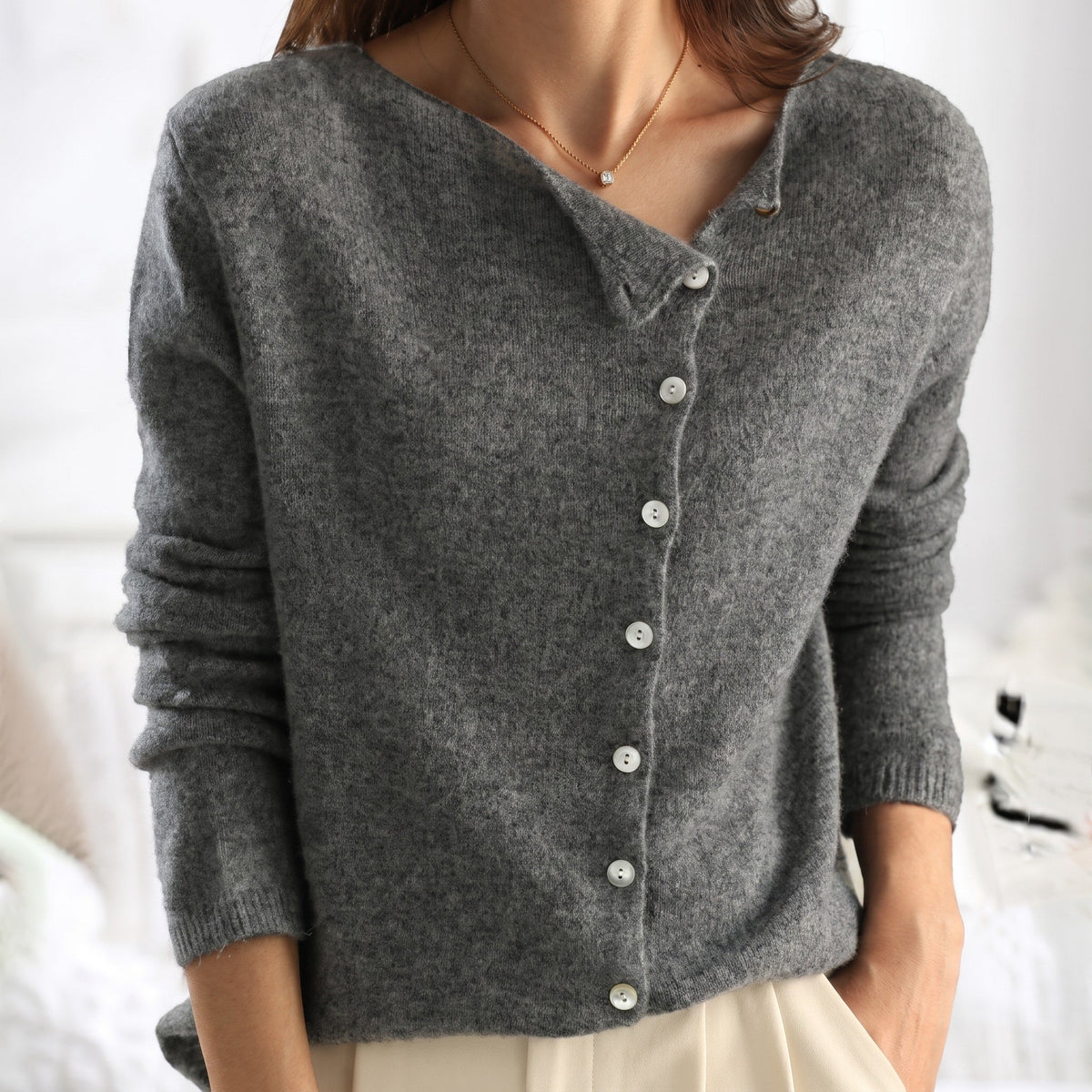 Lia - Women's Relaxed Asymmetric Button-Front Cardigan - Cardigans - Gray - Parker&Brooks