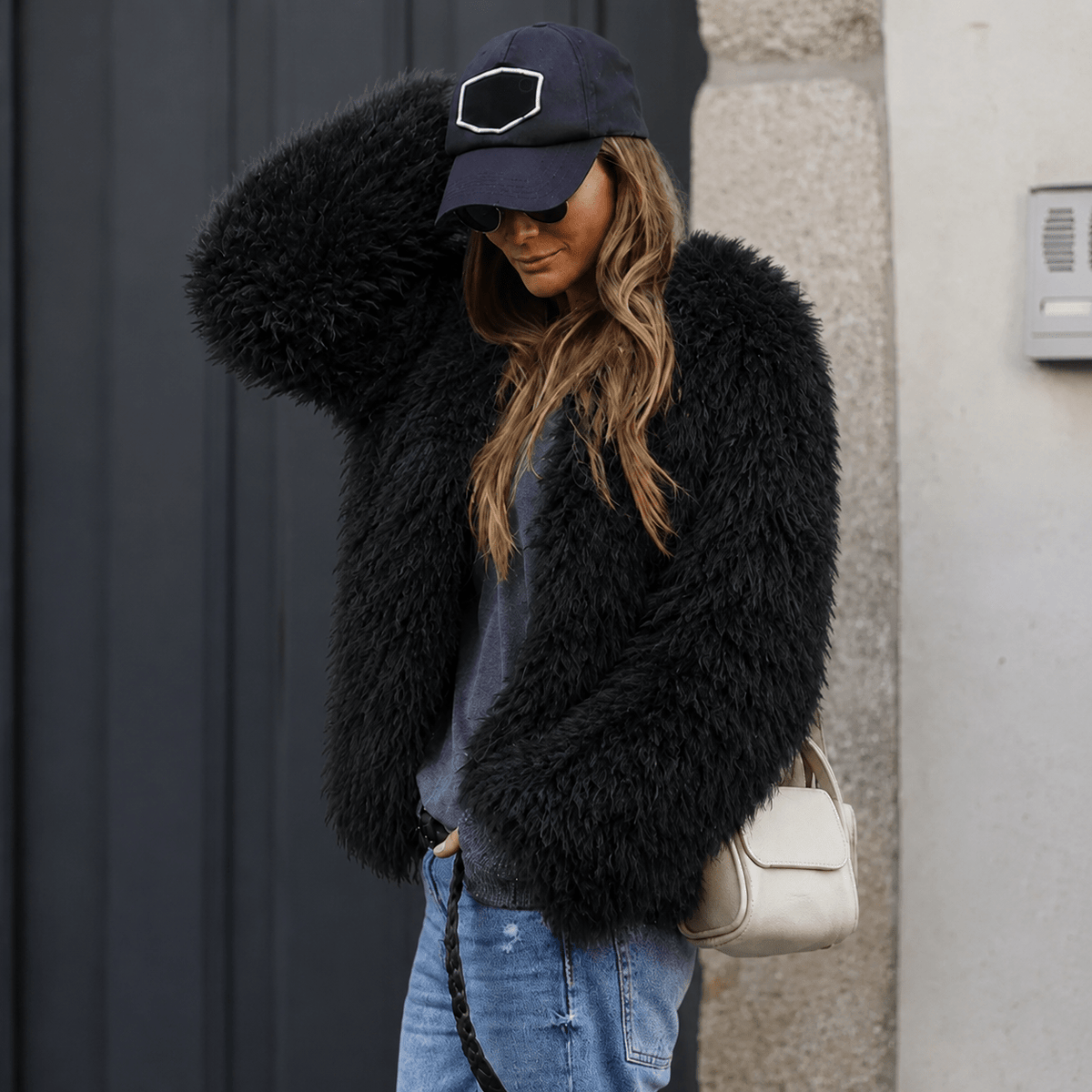 Lillith - Women's Thickened Faux Fur Cropped Jacket - Coats & Jackets - Black - Parker&Brooks