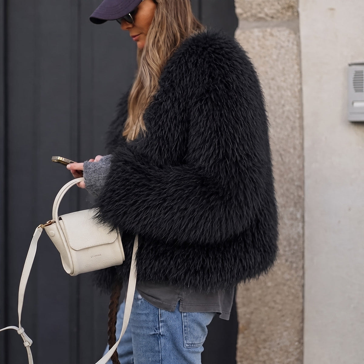 Lillith - Women's Thickened Faux Fur Cropped Jacket - Coats & Jackets - Black - Parker&Brooks